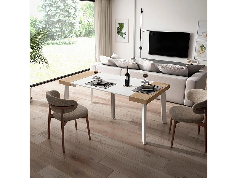 Ausziehbarertisch, 180x90x73cm, Für 8 Gäste, Hölzerne Beine, Eiche und weiß