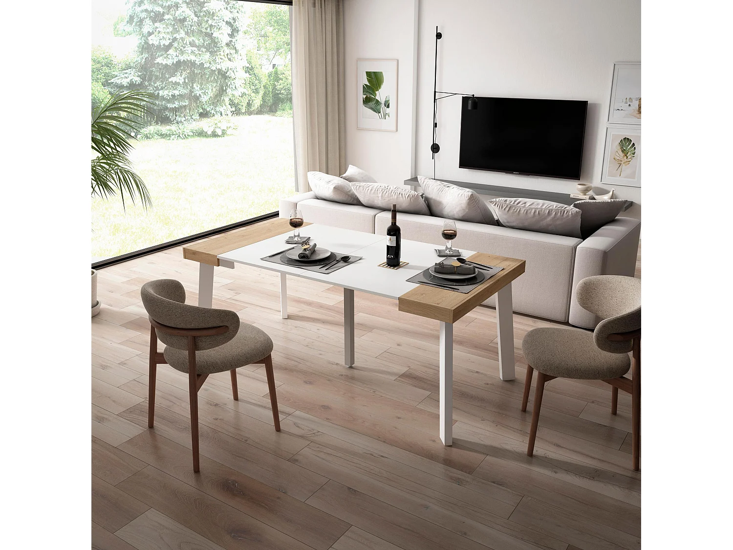 Ausziehbarertisch, 180x90x73cm, Für 8 Gäste, Hölzerne Beine, Eiche und weiß