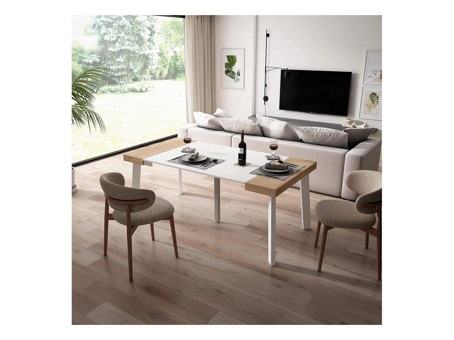 Table console extensible, 180x90x73cm, Pour 8 personnes, Pieds en bois, Chêne et blanc