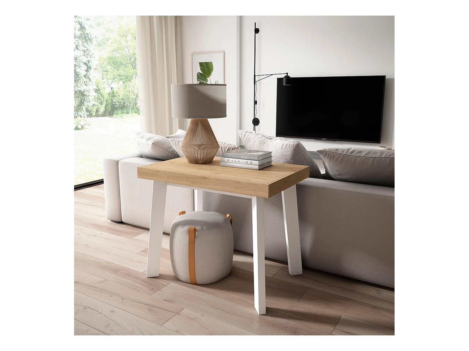Table console extensible, 180x90x73cm, Pour 8 personnes, Pieds en bois, Chêne et blanc