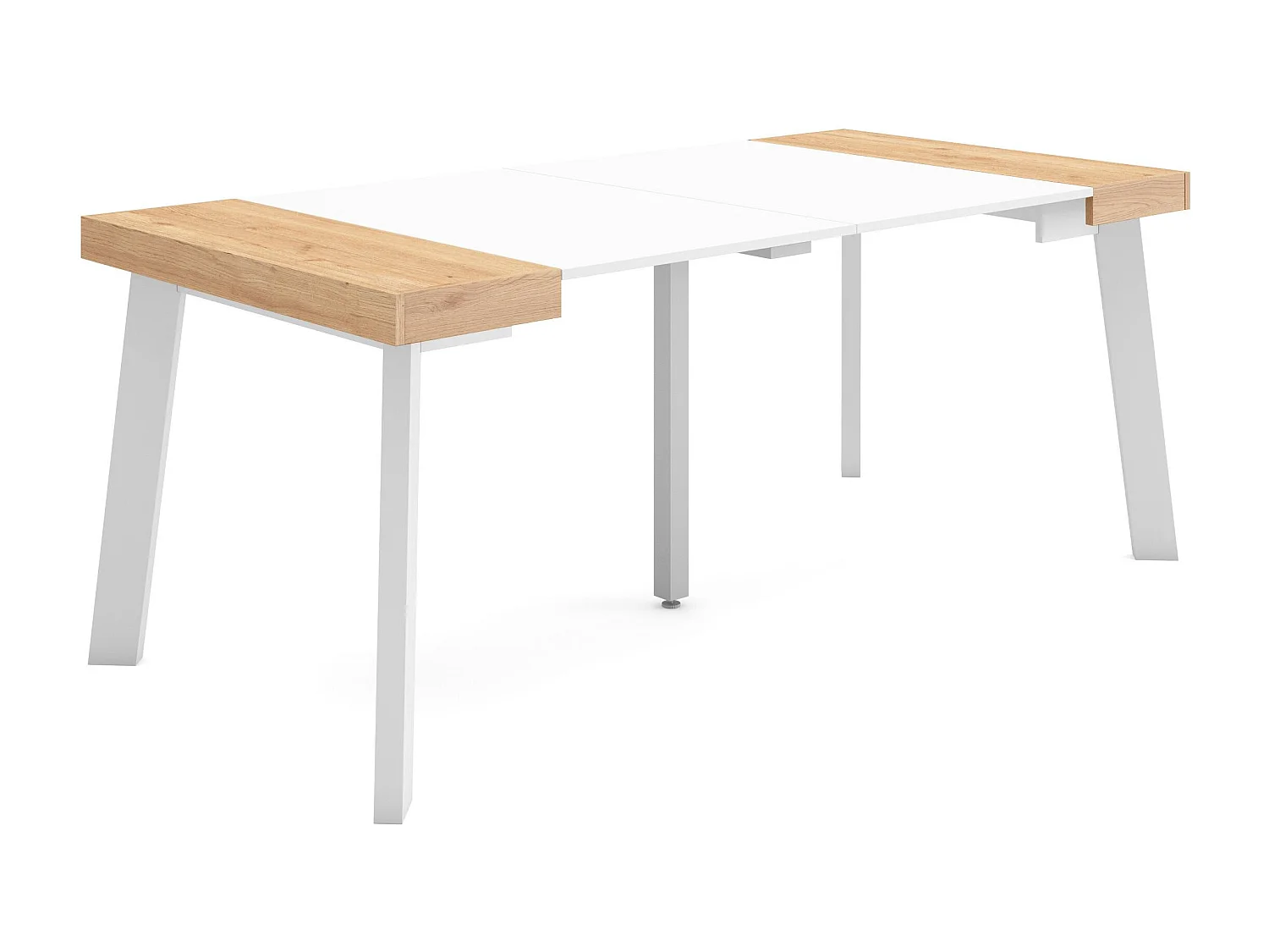 Table console extensible, 180x90x73cm, Pour 8 personnes, Pieds en bois, Chêne et blanc