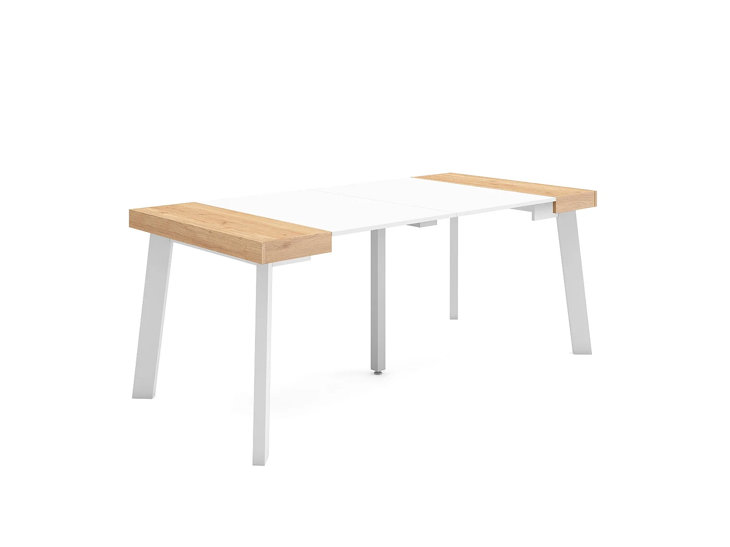 Table console extensible, 180x90x73cm, Pour 8 personnes, Pieds en bois, Chêne et blanc
