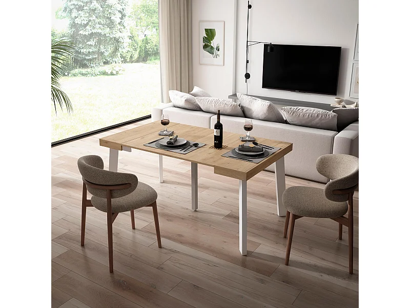 Uitschuifbare Consoletafel, 160x90x73cm, Voor 8 personen, Houten poten, Eiken