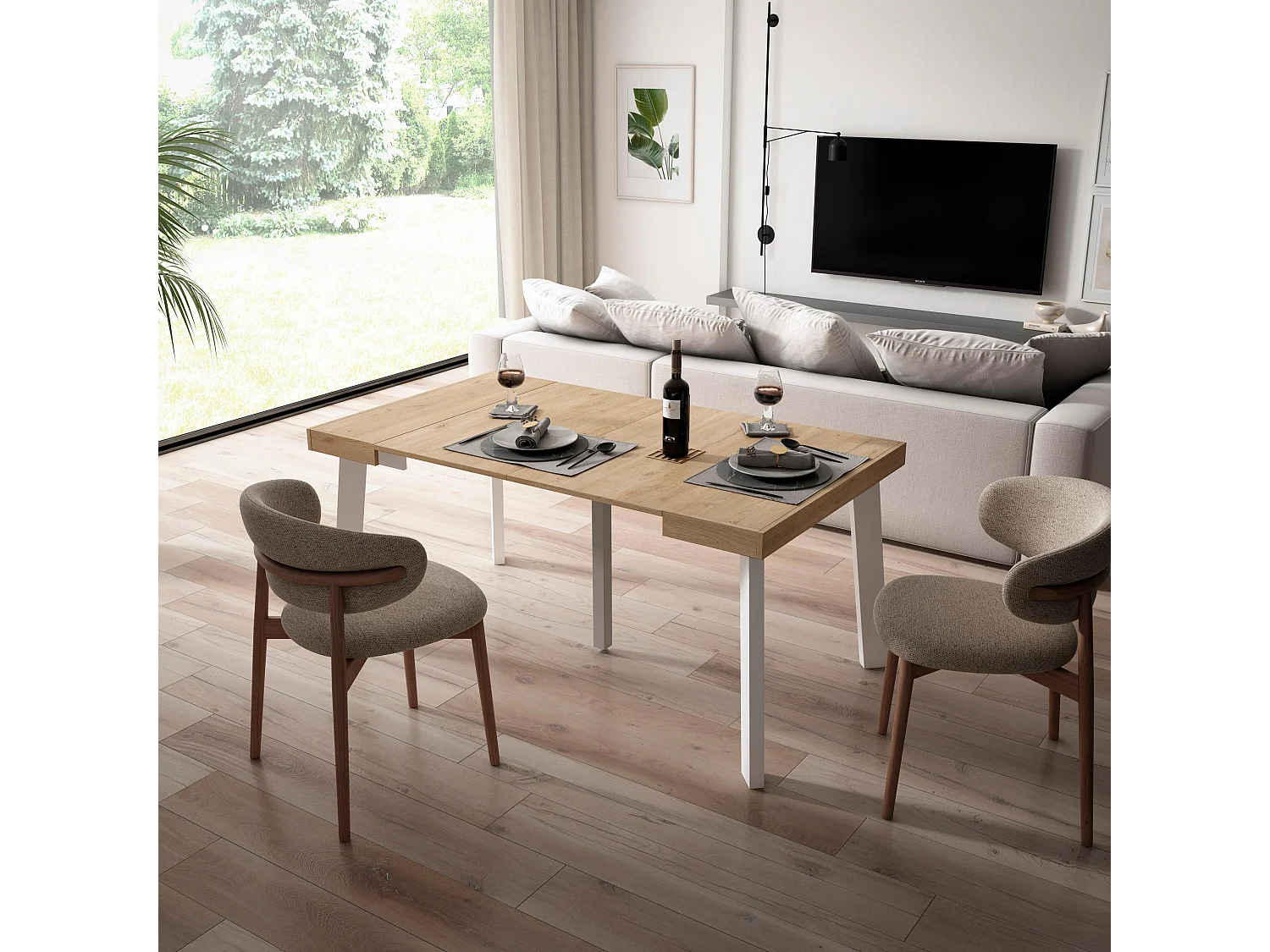 Table console extensible, 160x90x73cm, Pour 8 personnes, Pieds en bois, Chêne