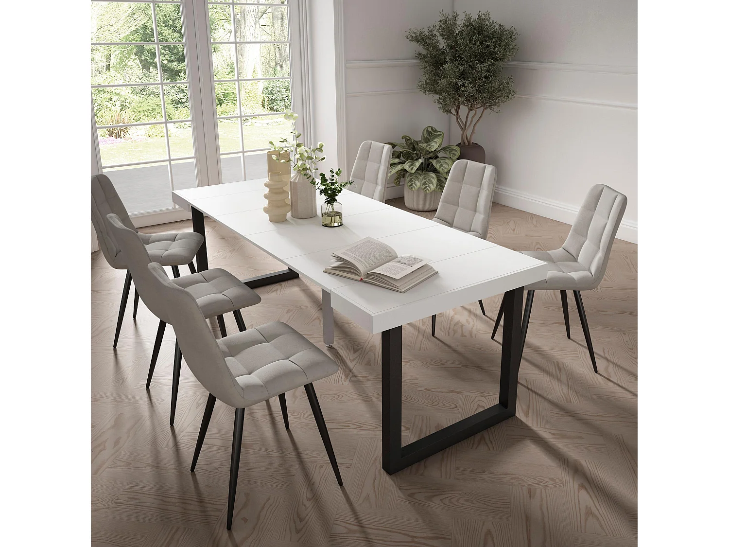 Table console extensible, 222x90x73cm, Pour 10 personnes, Pieds bois massif, Blanc