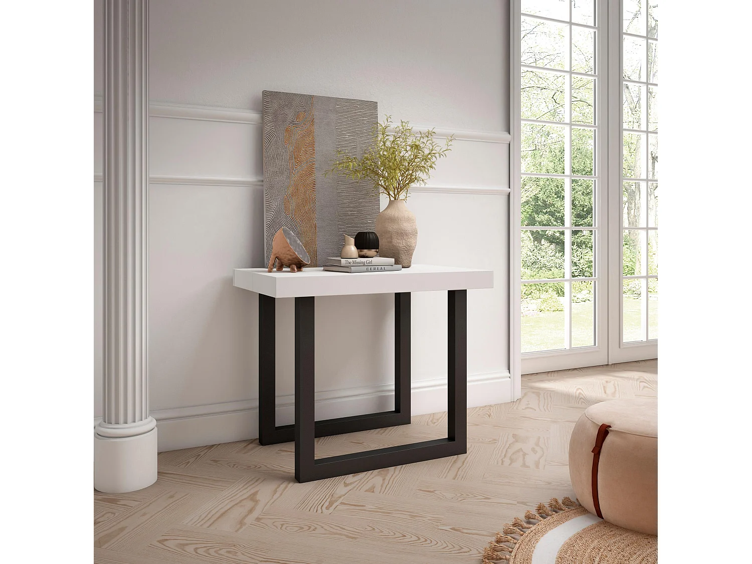 Table console extensible, 222x90x73cm, Pour 10 personnes, Pieds bois massif, Blanc