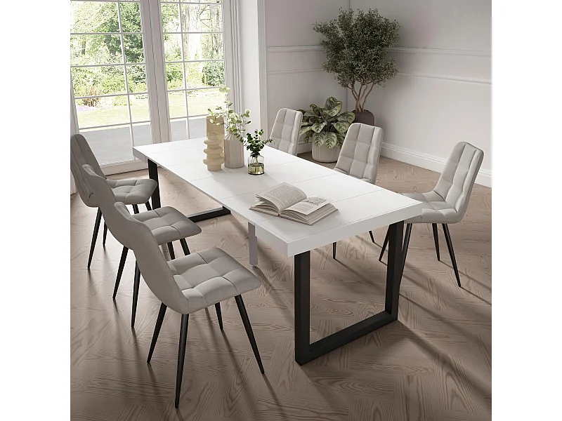 Uitschuifbare Consoletafel, 222x90x73cm, Voor 10 personen, Massief houten poten, Wit