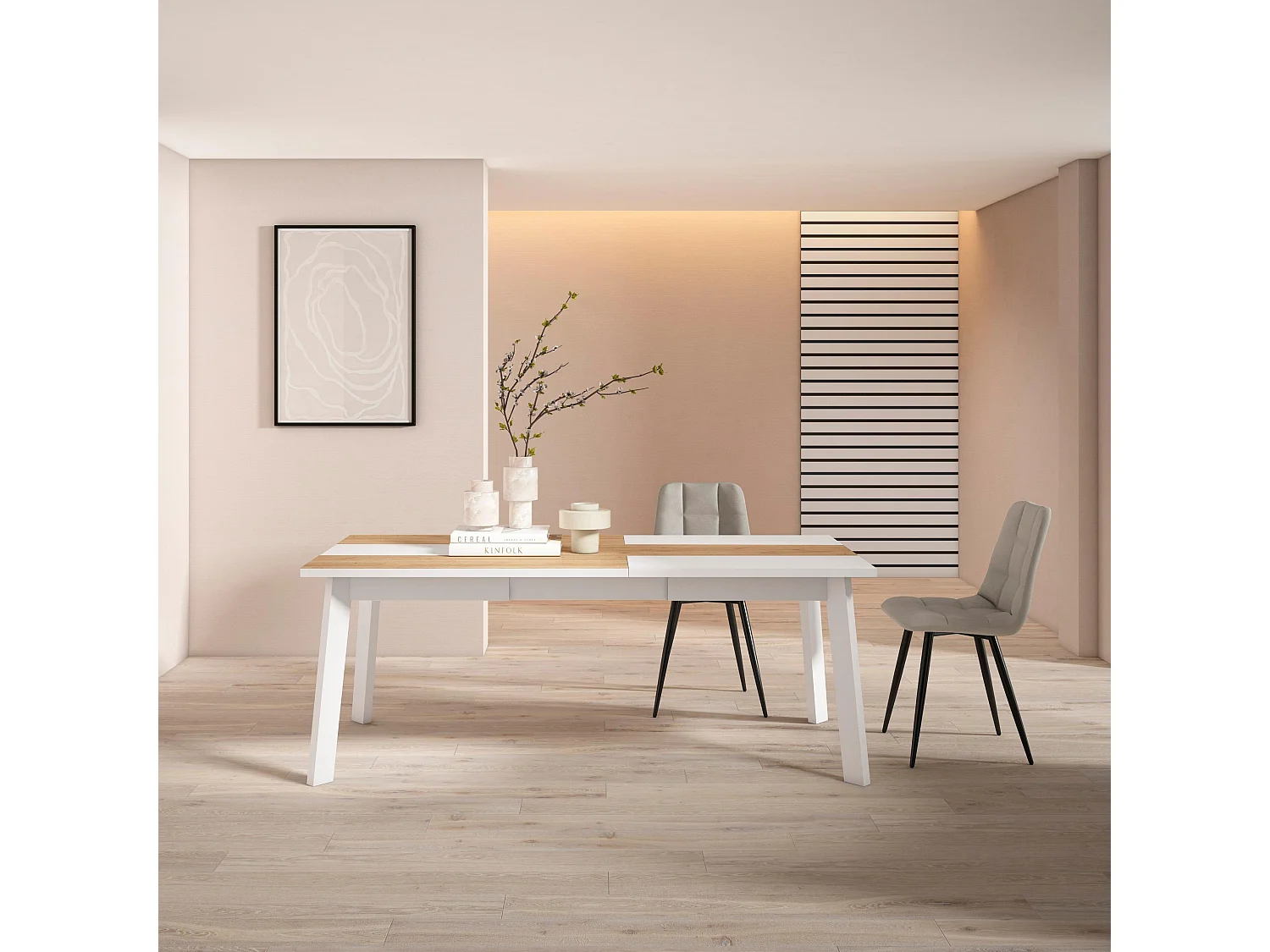 Eettafel, 194x90x75cm, Voor 10 personen, Houten poten, Eiken/Wit