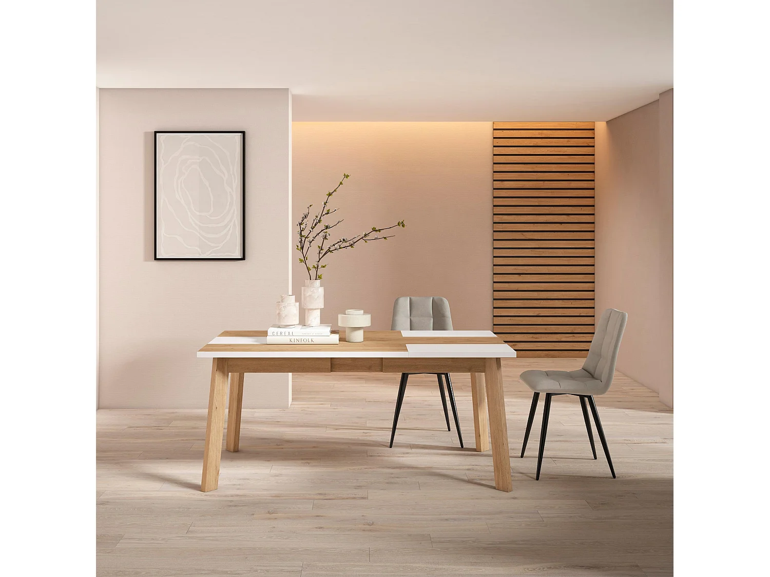 Table à manger, 167x90x75cm, Pour 8 personnes, Pieds en bois, Chêne et blanc