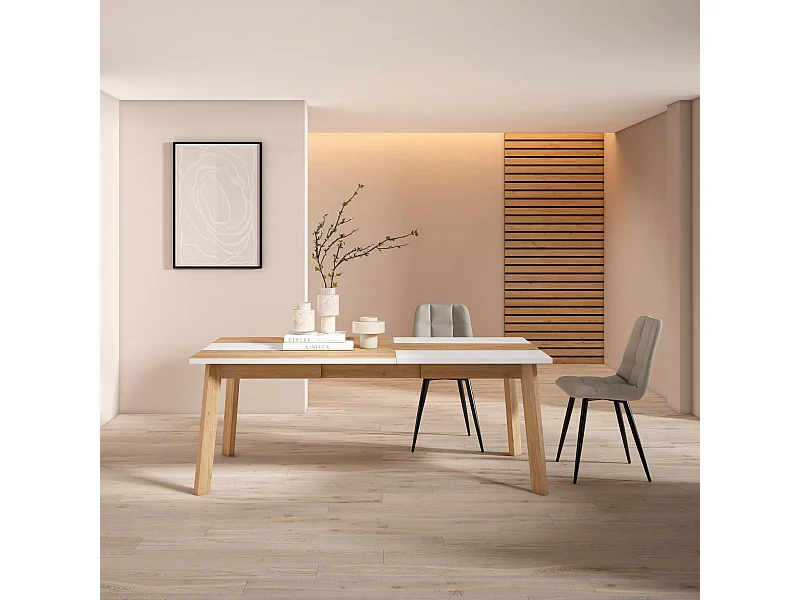 Esszimmertisch , 194x90x75cm, Für 10 Gäste, Hölzerne Beine, Eiche und weiß