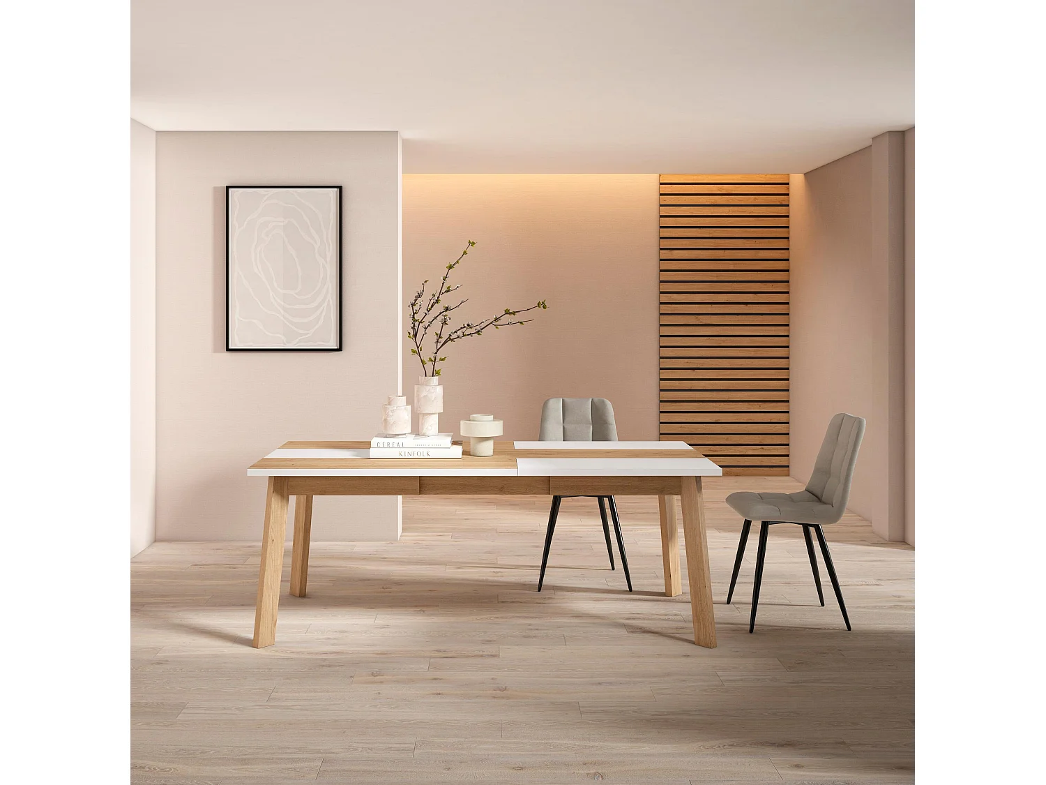 Eettafel, 194x90x75cm, Voor 10 personen, Houten poten, Eiken/Wit
