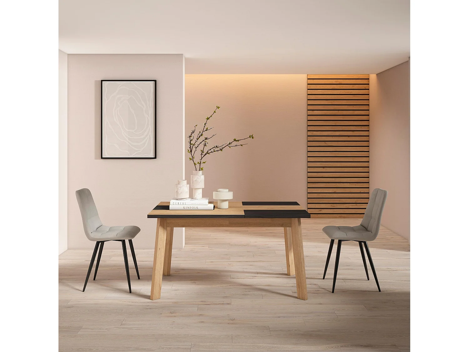 Table à manger, 140x90x75cm, Pour 6 personnes, Pieds en bois, Chêne et noir