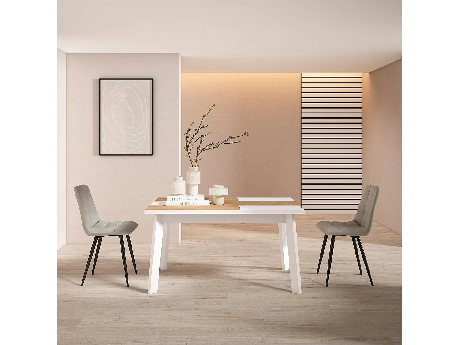 Eettafel, 140, Voor 6 personen, Houten poten, Eiken/Wit