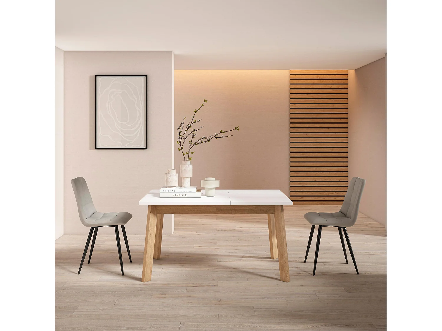 Table à manger, 140x90x75cm, Pour 6 personnes, Pieds en bois, Blanc