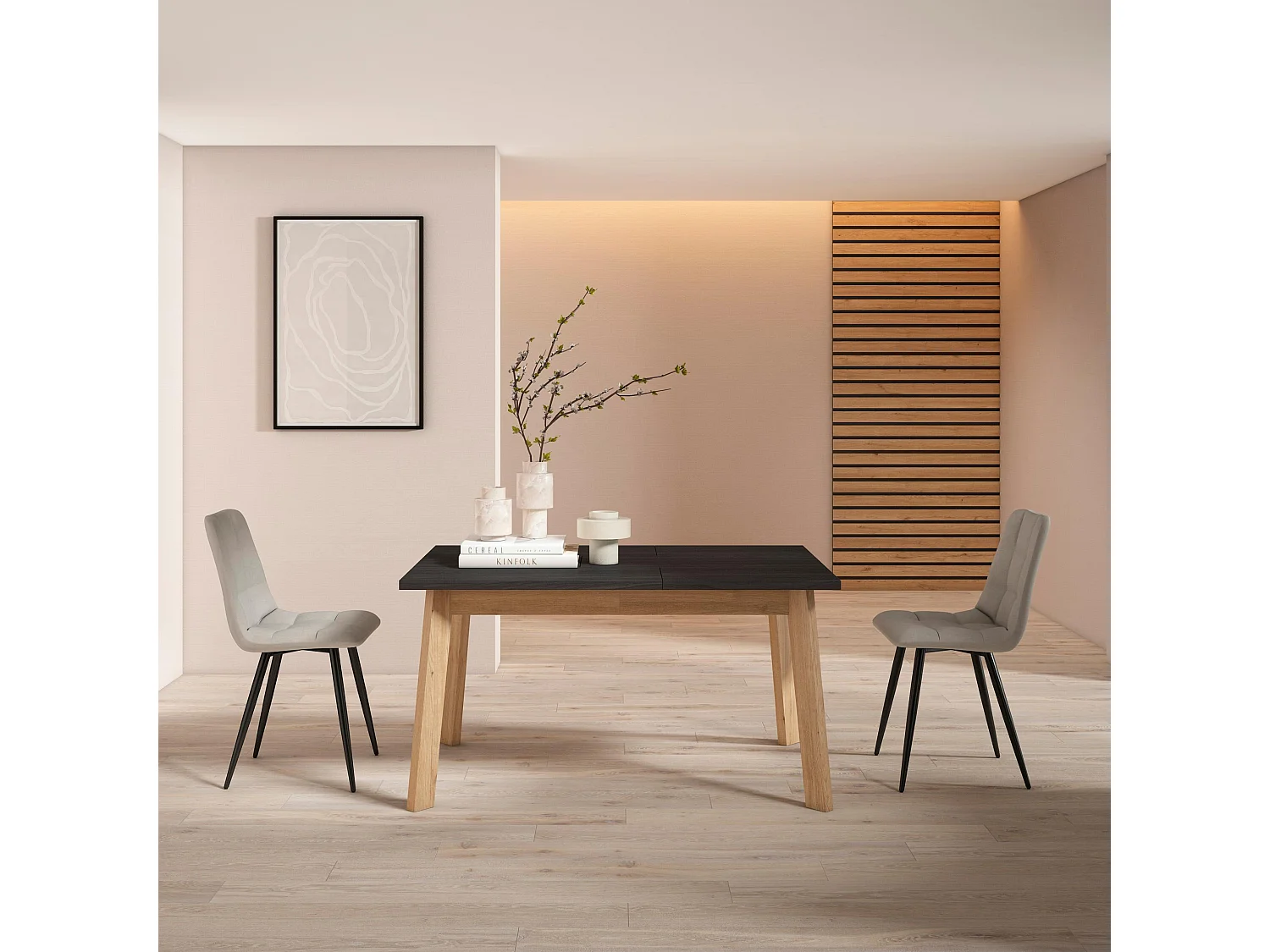 Eettafel, 140x90x75cm, Voor 6 personen, Houten poten, Eiken/Zwart