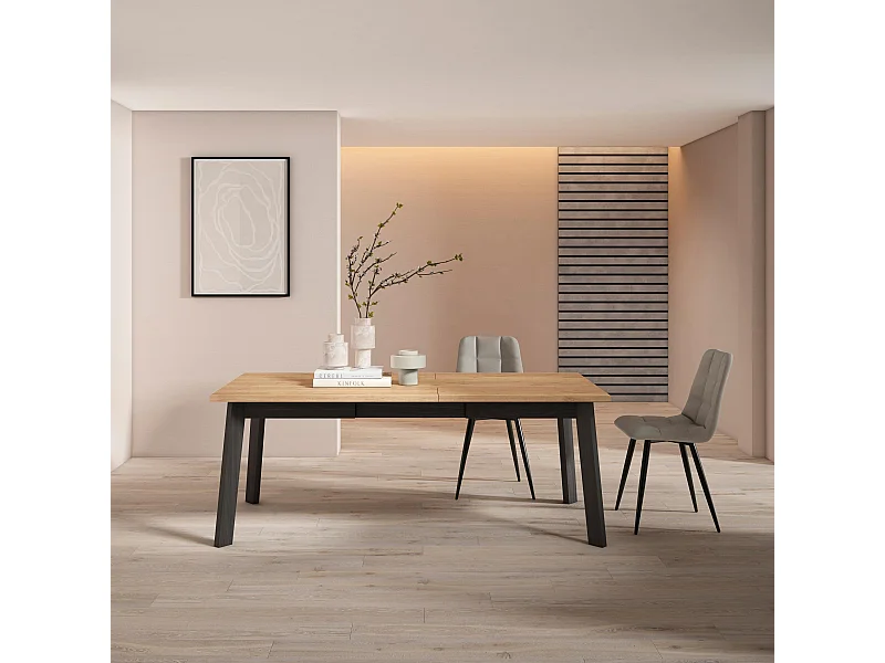 Mesa Comedor, 194x90x75cm, Para 10 Comensales, Patas de madera, Roble y negro