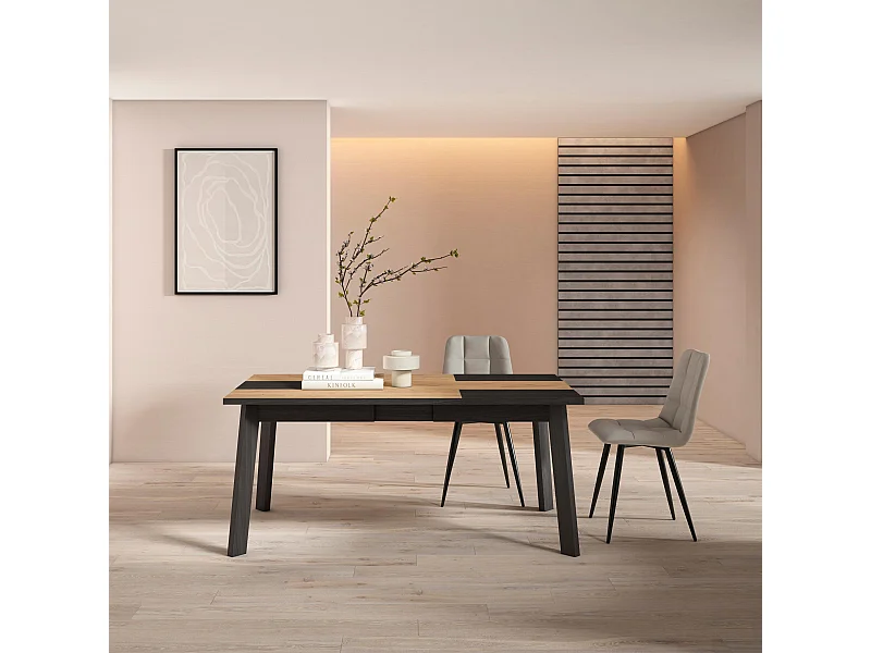 Eettafel, 167x90x75cm, Voor 8 personen, Houten poten, Eiken/Zwart