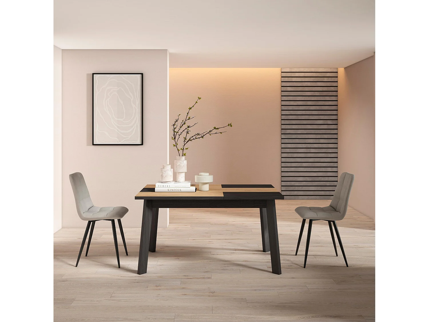 Table à manger, 140x90x75cm, Pour 6 personnes, Pieds en bois, Chêne et noir