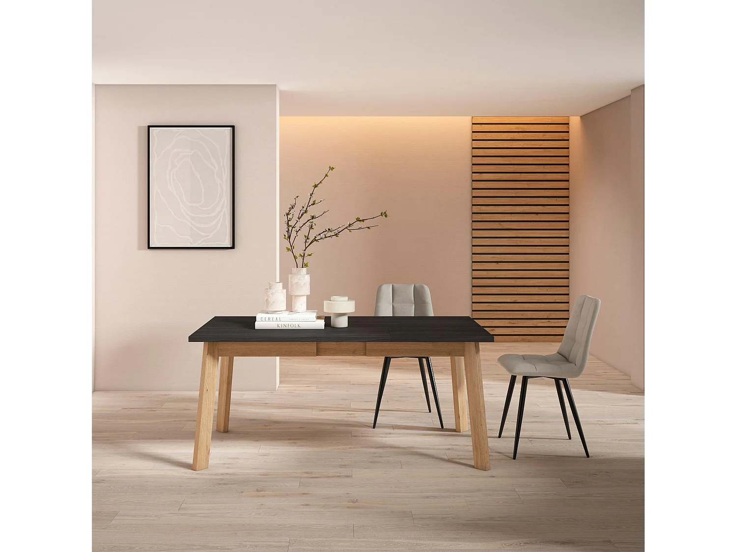 Table à manger, 167x90x75cm, Pour 8 personnes, Pieds en bois, Noir et chêne