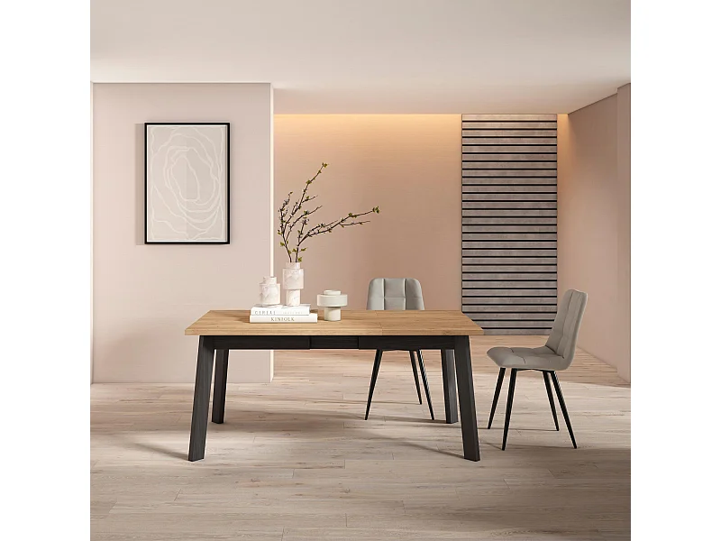 Eettafel, 167x90x75cm, Voor 8 personen, Houten poten, Eiken/Zwart