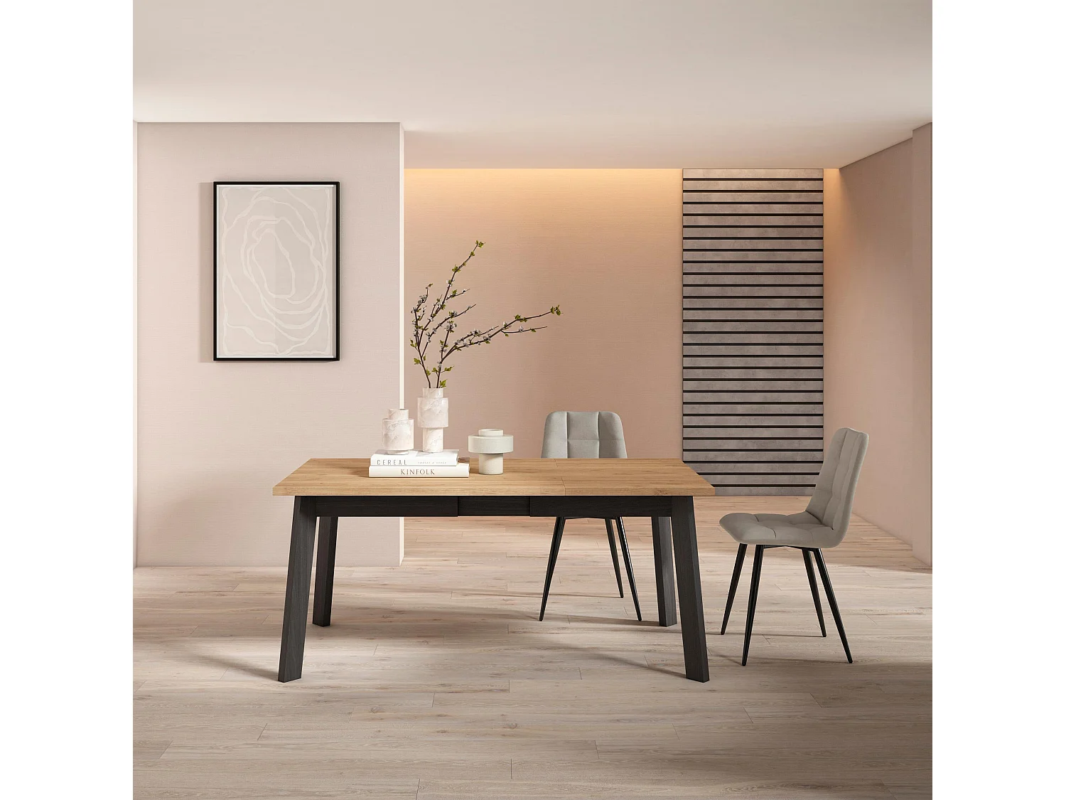 Table à manger, 167x90x75cm, Pour 8 personnes, Pieds en bois, Chêne et noir