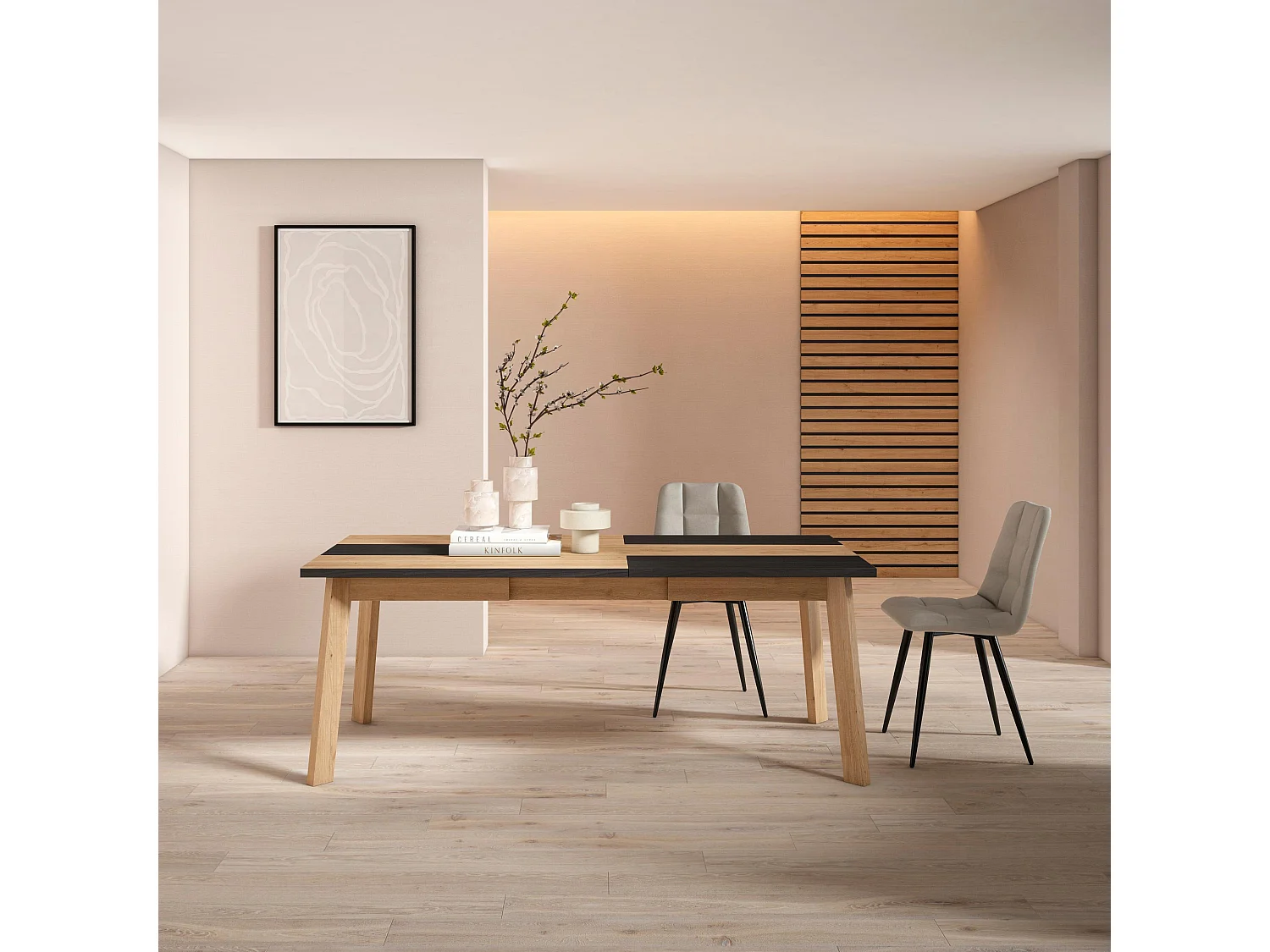 Table à manger, 194x90x75cm, Pour 10 personnes, Pieds en bois, Chêne et noir