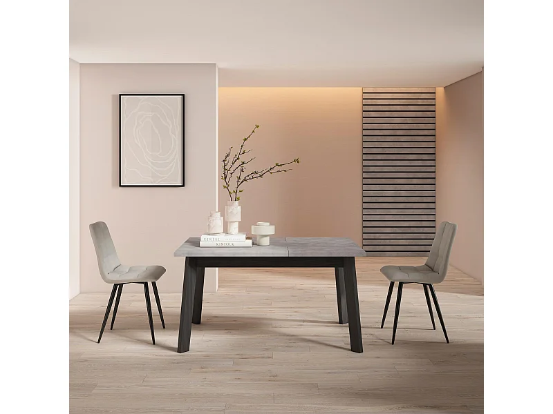 Tavolo da Pranzo, 140x90x75cm, Per 6 persone, Gambe in legno, Cemento