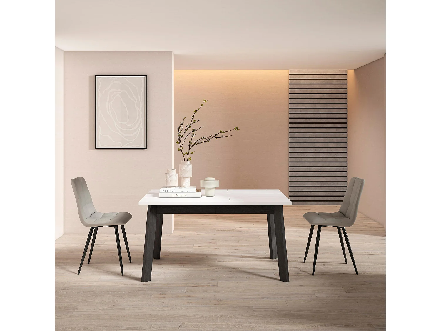 Table à manger, 140x90x75cm, Pour 6 personnes, Pieds en bois, Blanc