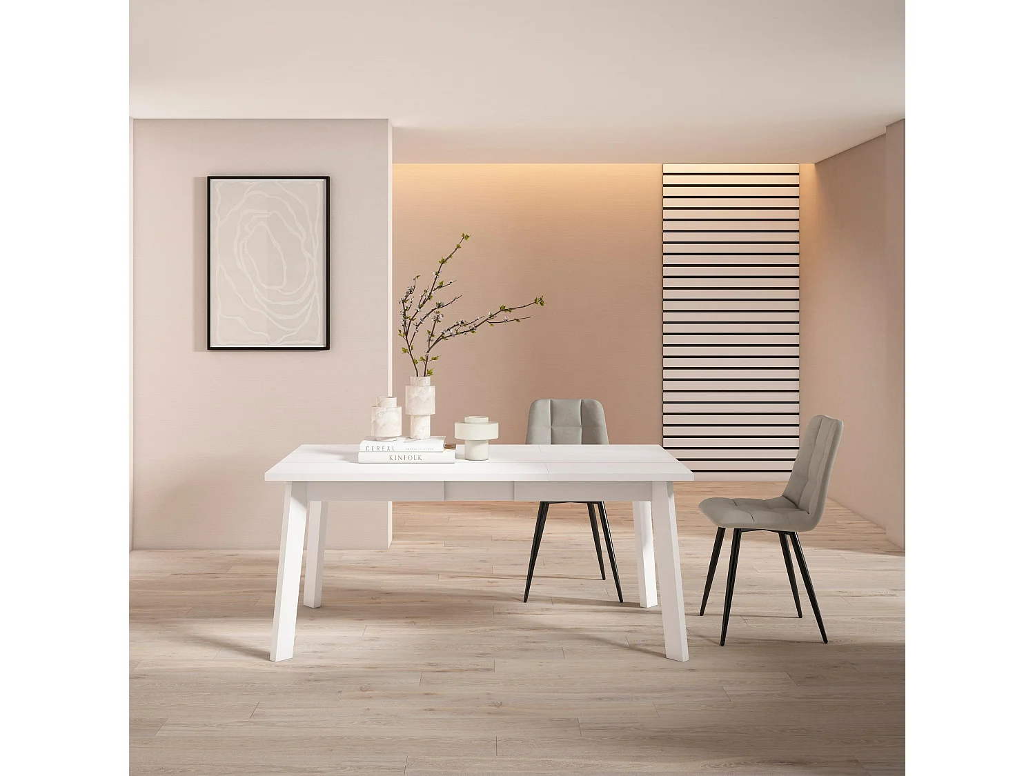 Table à manger, 167x90x75cm, Pour 8 personnes, Pieds en bois, Blanc