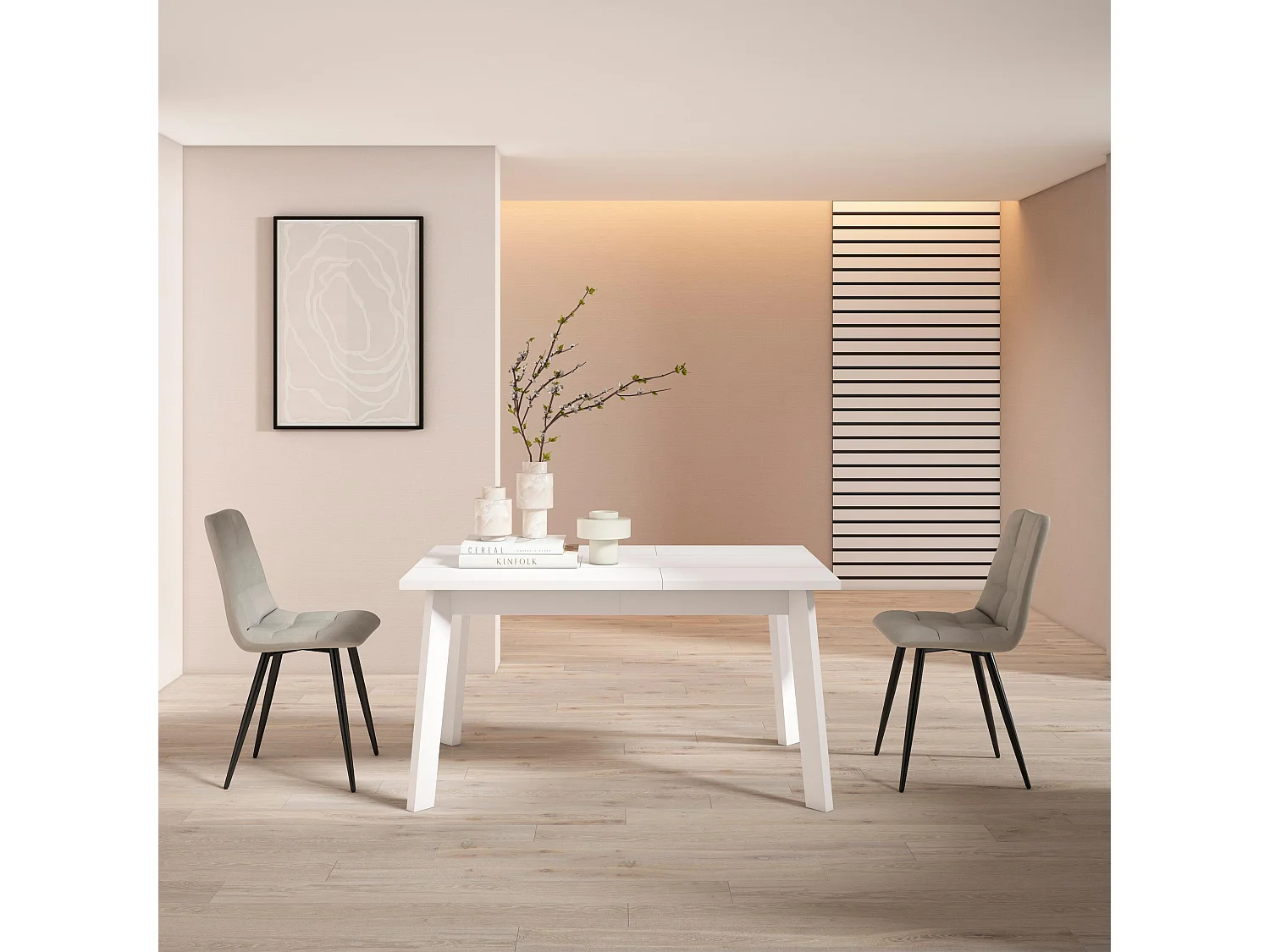 Table à manger, 140x90x75cm, Pour 6 personnes, Pieds en bois, Blanc