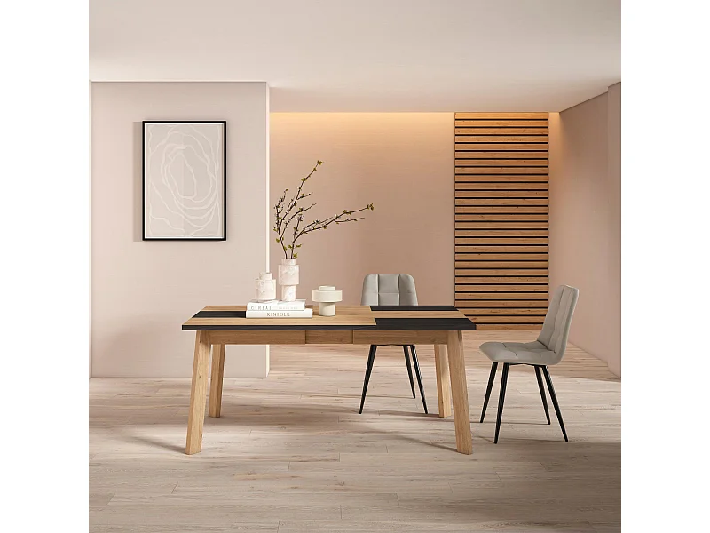 Table à manger, 167x90x75cm, Pour 8 personnes, Pieds en bois, Chêne et noir