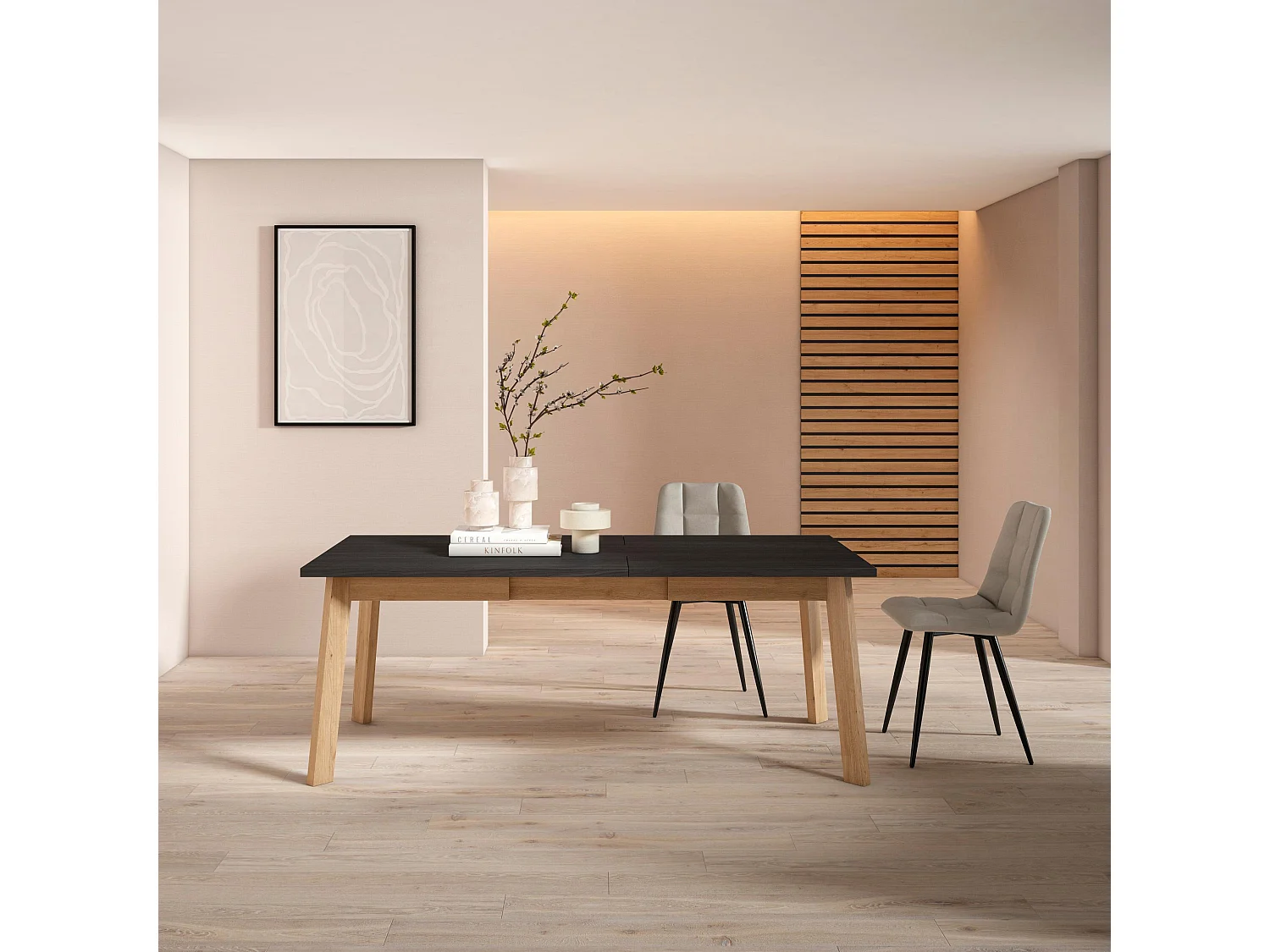Table à manger, 194x90x75cm, Pour 10 personnes, Pieds en bois, Noir et chêne