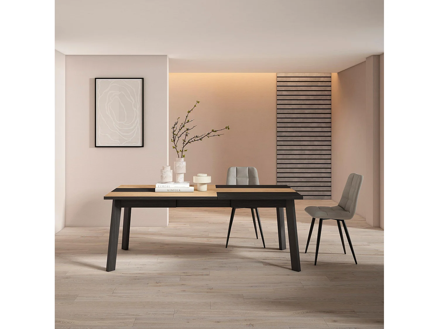 Table à manger, 194x90x75cm, Pour 10 personnes, Pieds en bois, Chêne et noir