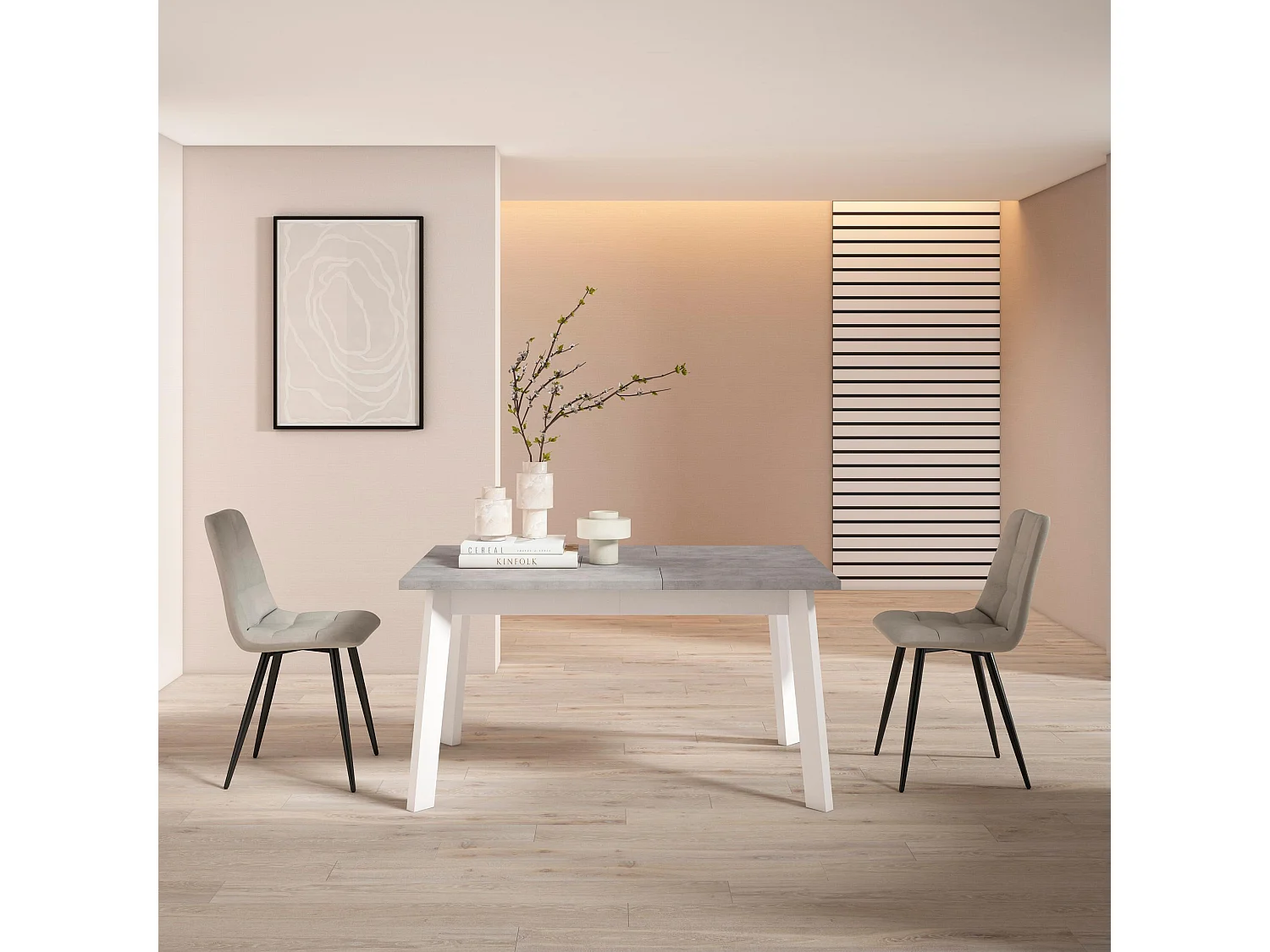 Table à manger, 140x90x75cm, Pour 6 personnes, Pieds en bois, Ciment