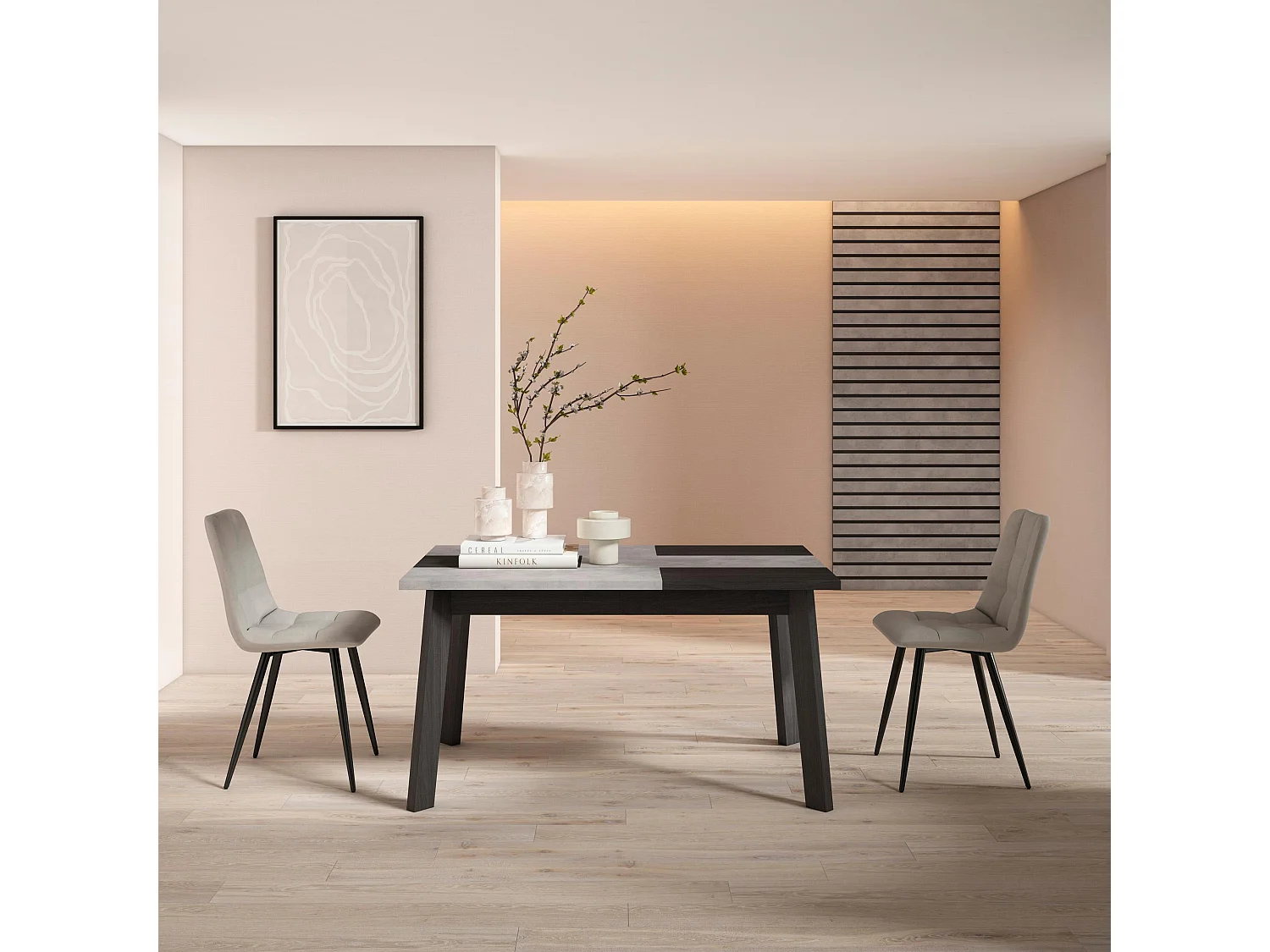 Eettafel, 140x90x75cm, Voor 6 personen, Houten poten, Cement
