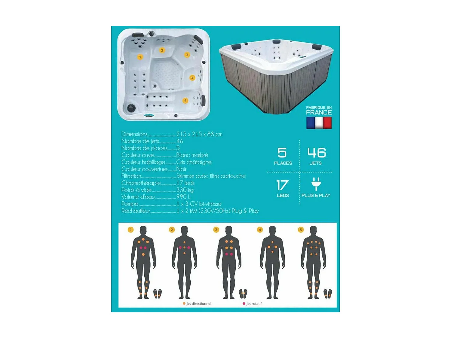 Spa rigide gris et blanc marbré jets et leds Ornella (5 places dont 2 allongées)