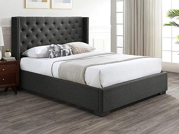 Lit coffre 180 x 200 cm avec tête de lit capitonnée - Tissu - Gris - MASSIMO