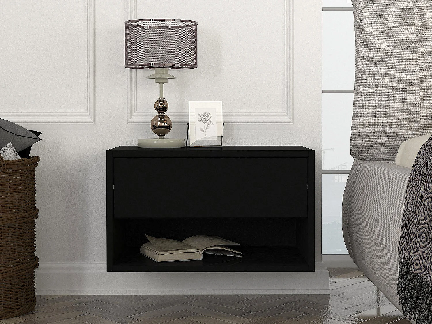 Comodino sospeso 1 cassetto e 1 nicchia Nero - Lotto di 2 - RITAMI