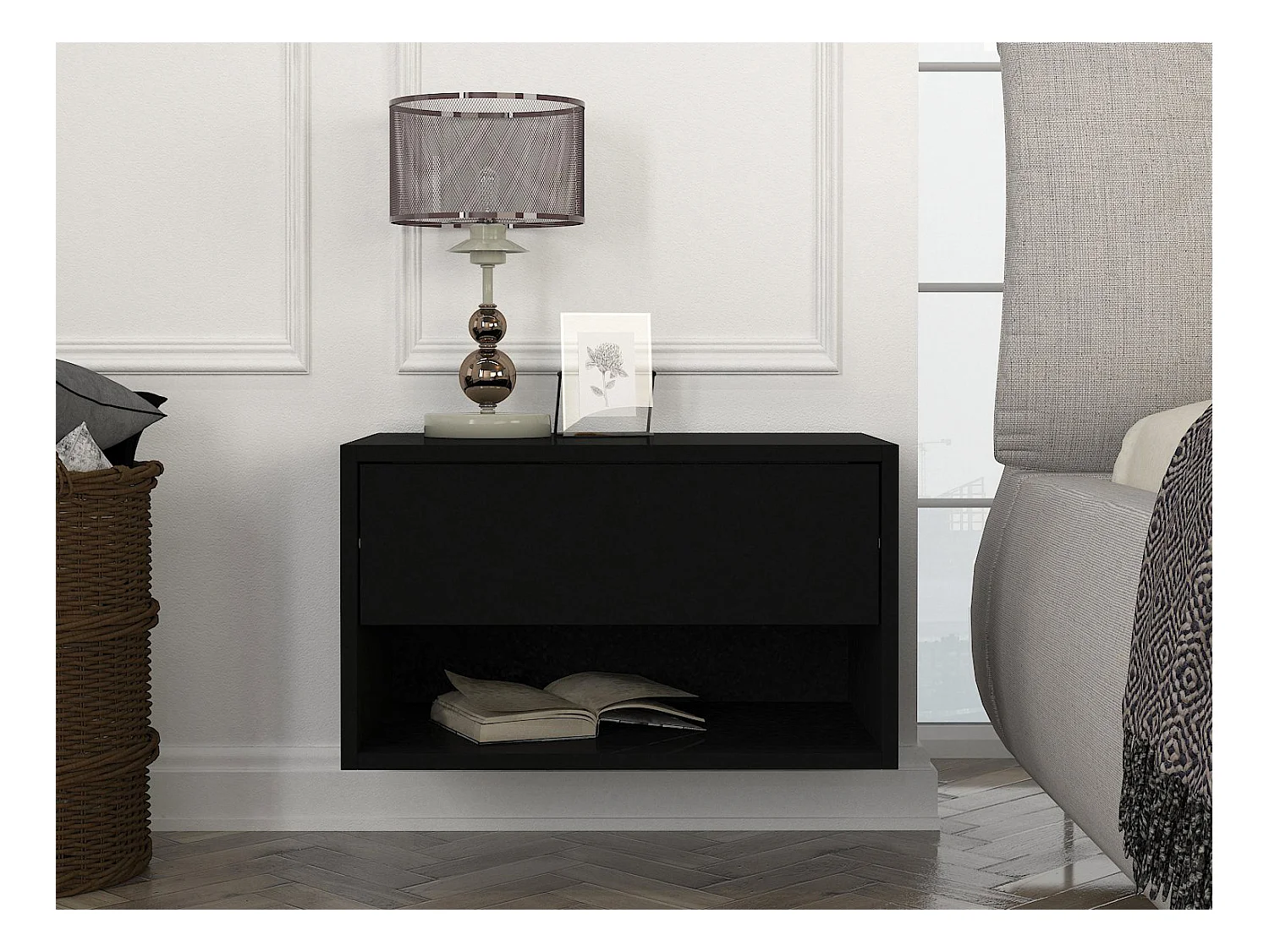 Sæt med 2 væghængte sengeborde - 1 skuffe og 1 hylderum - Sort - RITAMI