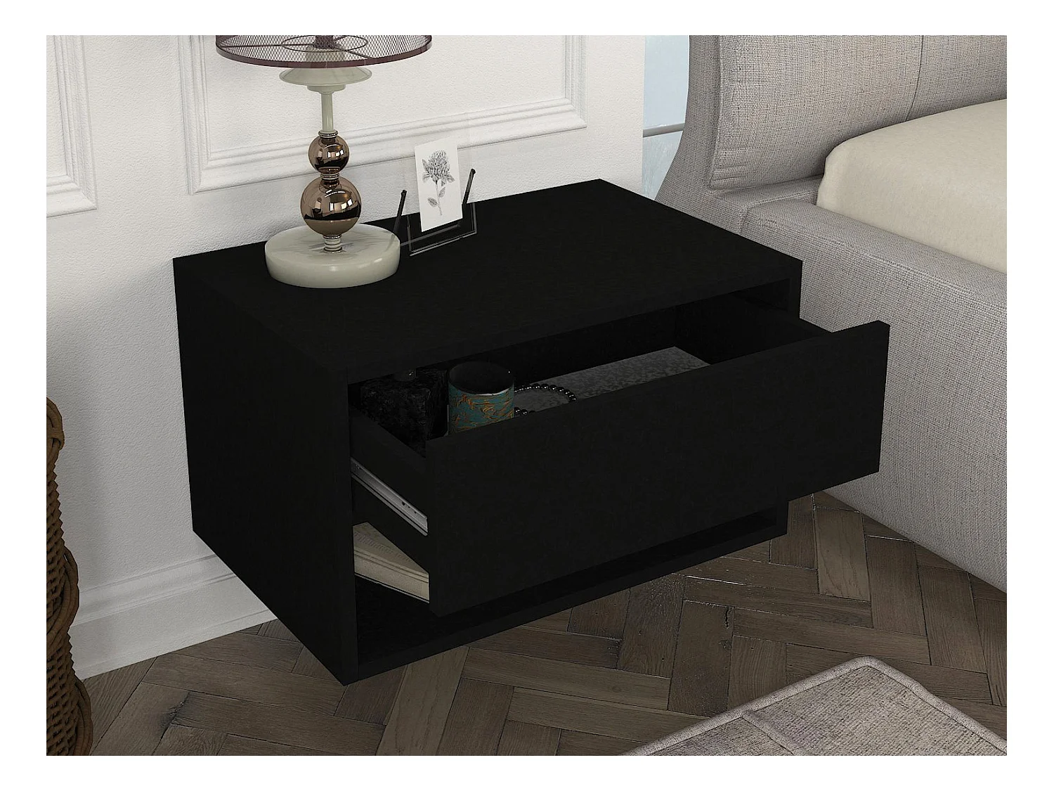 Sæt med 2 væghængte sengeborde - 1 skuffe og 1 hylderum - Sort - RITAMI