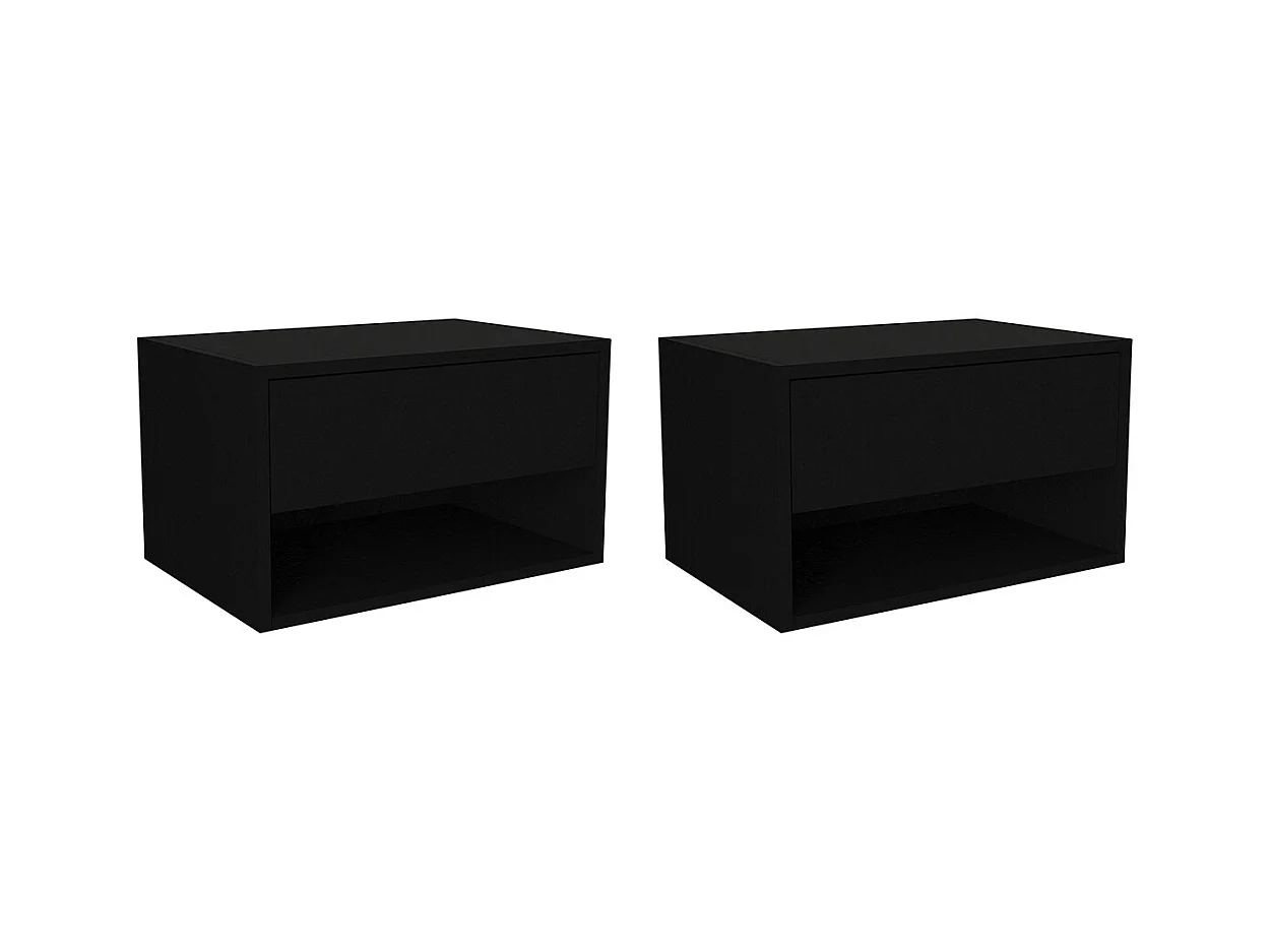 Sæt med 2 væghængte sengeborde - 1 skuffe og 1 hylderum - Sort - RITAMI