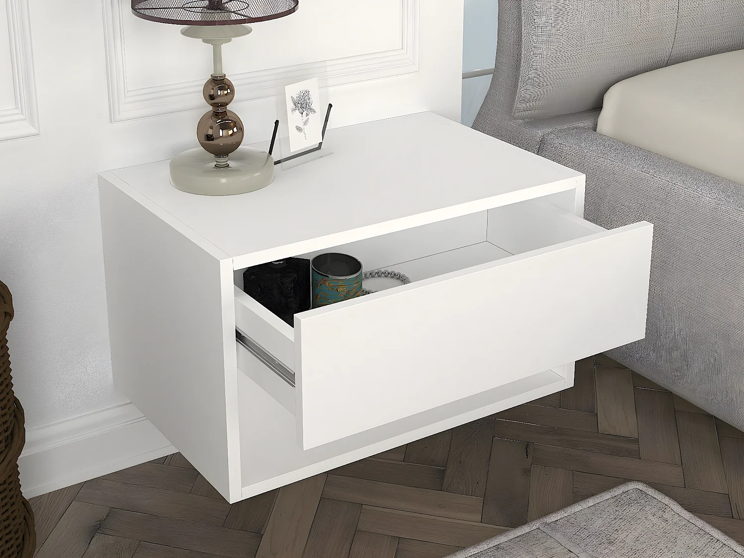 Zestaw 2 szafek nocnych wiszących - 1 szuflada i 1 wnęka - Biały - RITAMI