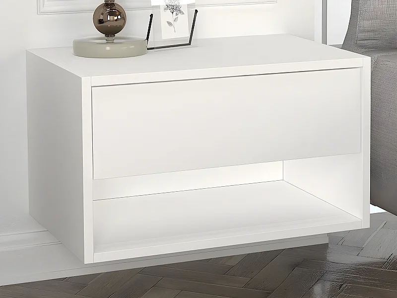 Lot de 2 tables de chevet suspendues - 1 tiroir et 1 niche - Blanc - RITAMI