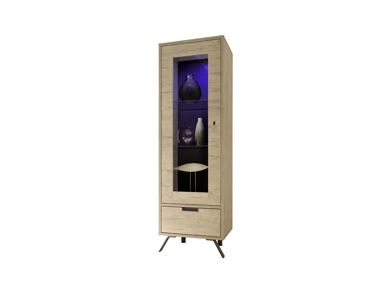 Vitrine 1 porte en verre avec 1 tiroir, collection SHOW, coloris chêne clair