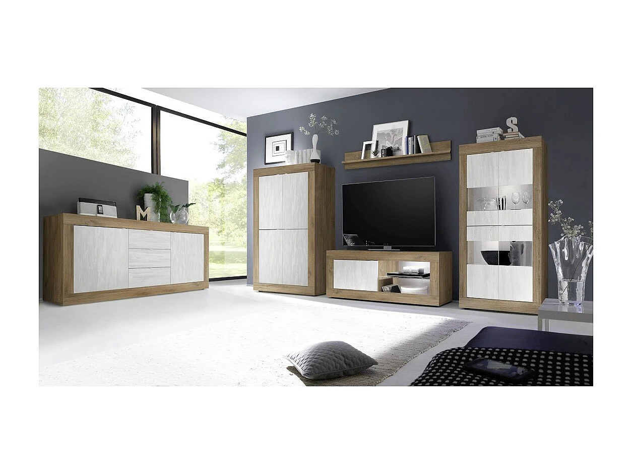 Tv-meubel 1 deur zonder verlichting ACCESS. Kleur wit en donker eiken.