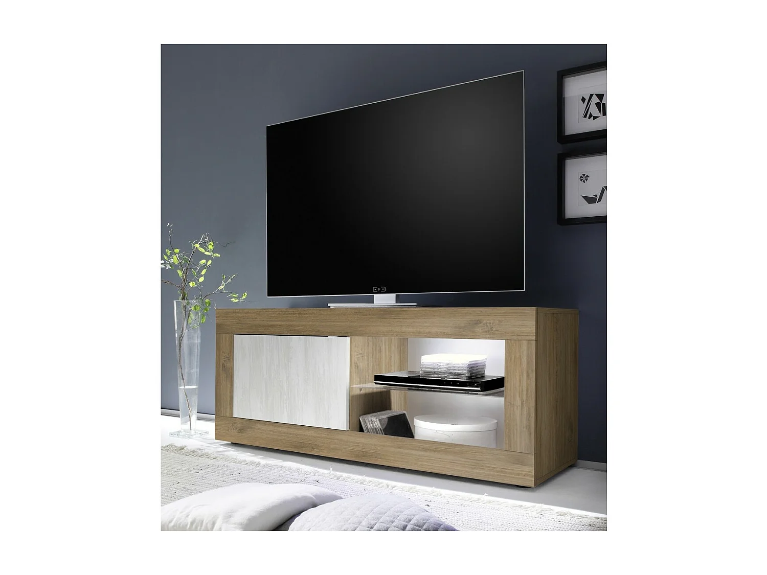 Tv-meubel 1 deur zonder verlichting ACCESS. Kleur wit en donker eiken.