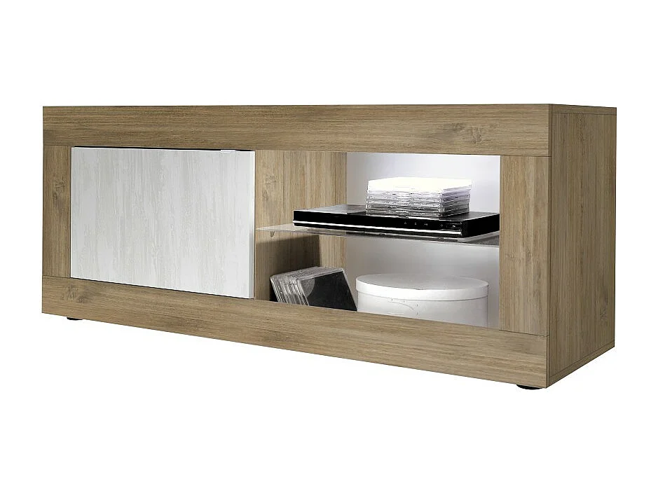 Meuble TV 1 porte sans éclairage ACCESS. Coloris blanc et chêne foncé