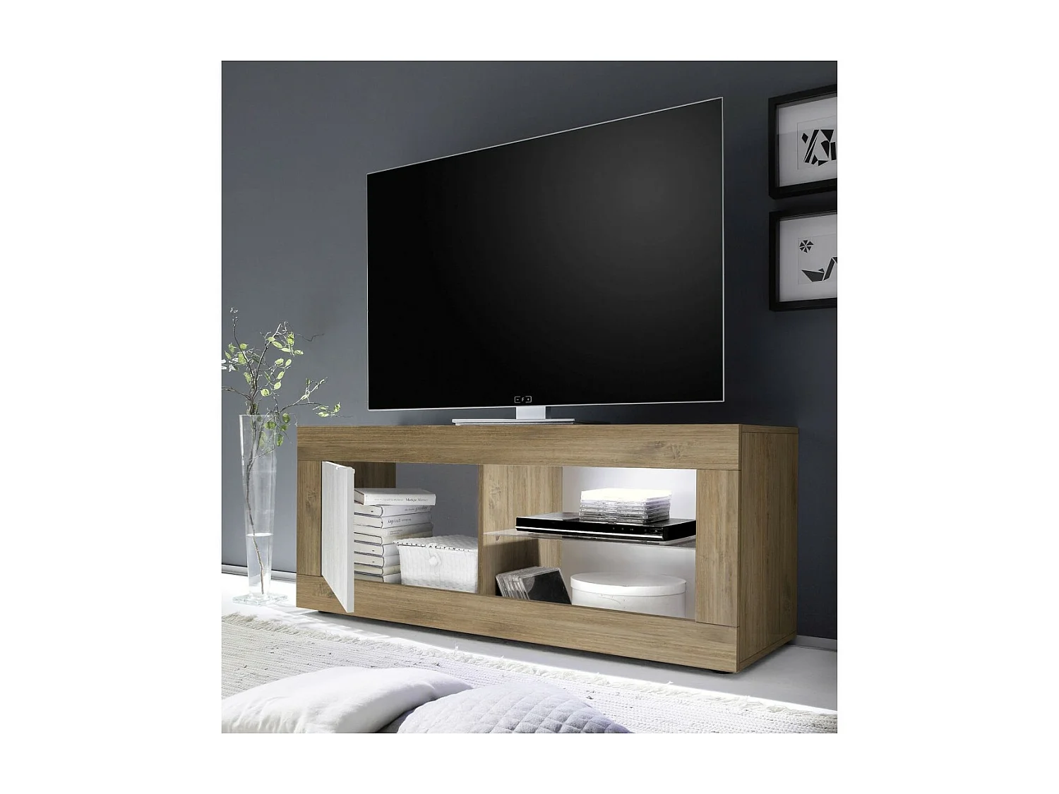 Meuble TV 1 porte sans éclairage ACCESS. Coloris blanc et chêne foncé