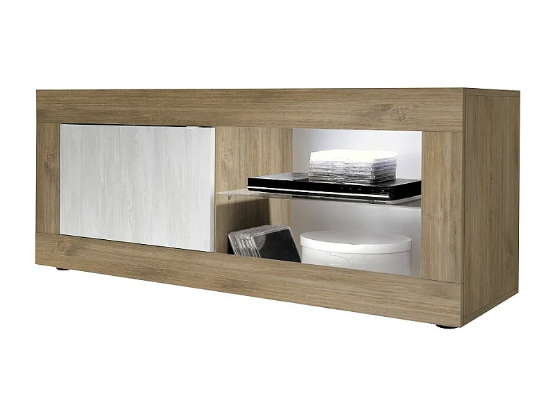 Meuble TV 1 porte sans éclairage ACCESS. Coloris blanc et chêne foncé