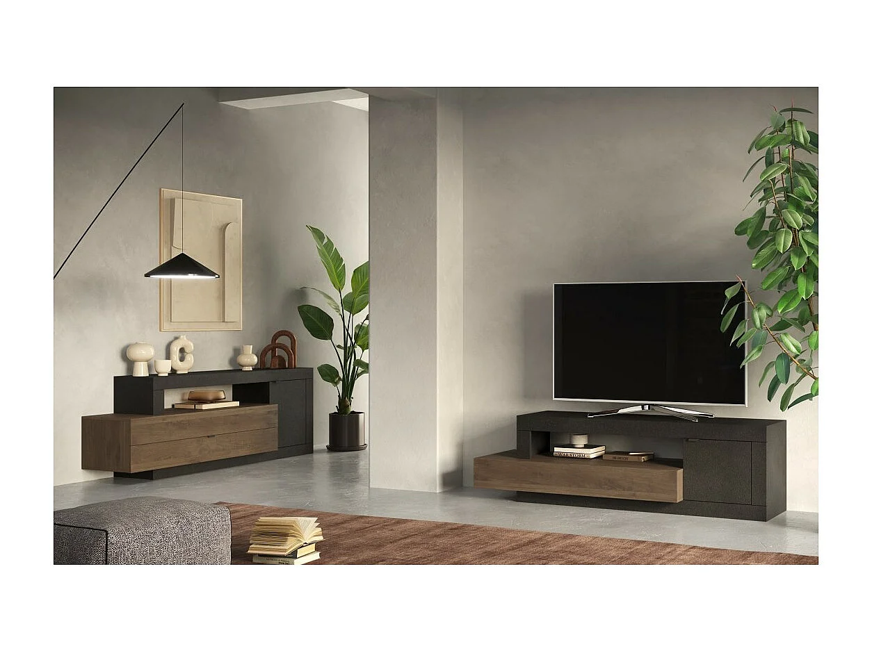 Buffetkast met 1 deur en 3 laden, collectie DOMI, antracietgrijs/donkereiken, voor een design woonkamer